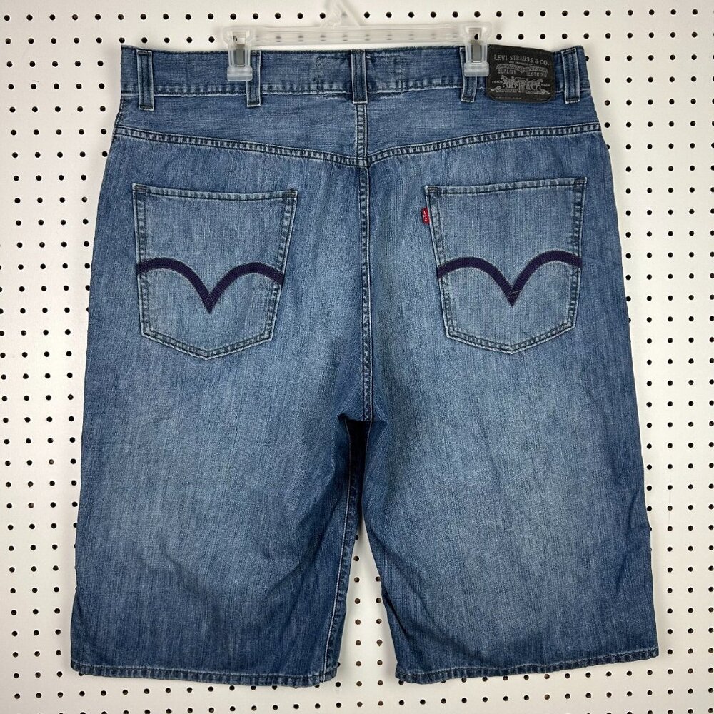 Levi's 579 Baggy Jean Denim Shorts - 40 Blue Stitched Pocket Hip Hop‎ Skater Y2K